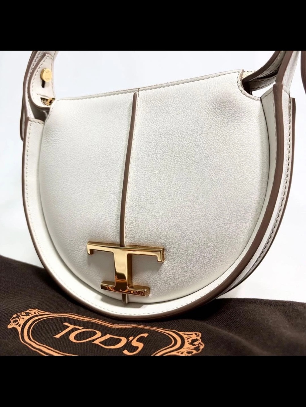 Tod's White Leather T-Logo Saddle Shoulder Bag with Gold Hardware